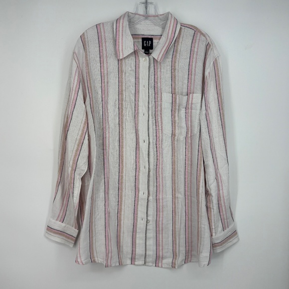 Gap Womens Large Oversized Button Up Shirt Pink Gray Beige Stripes Linen Blend - Picture 1 of 9